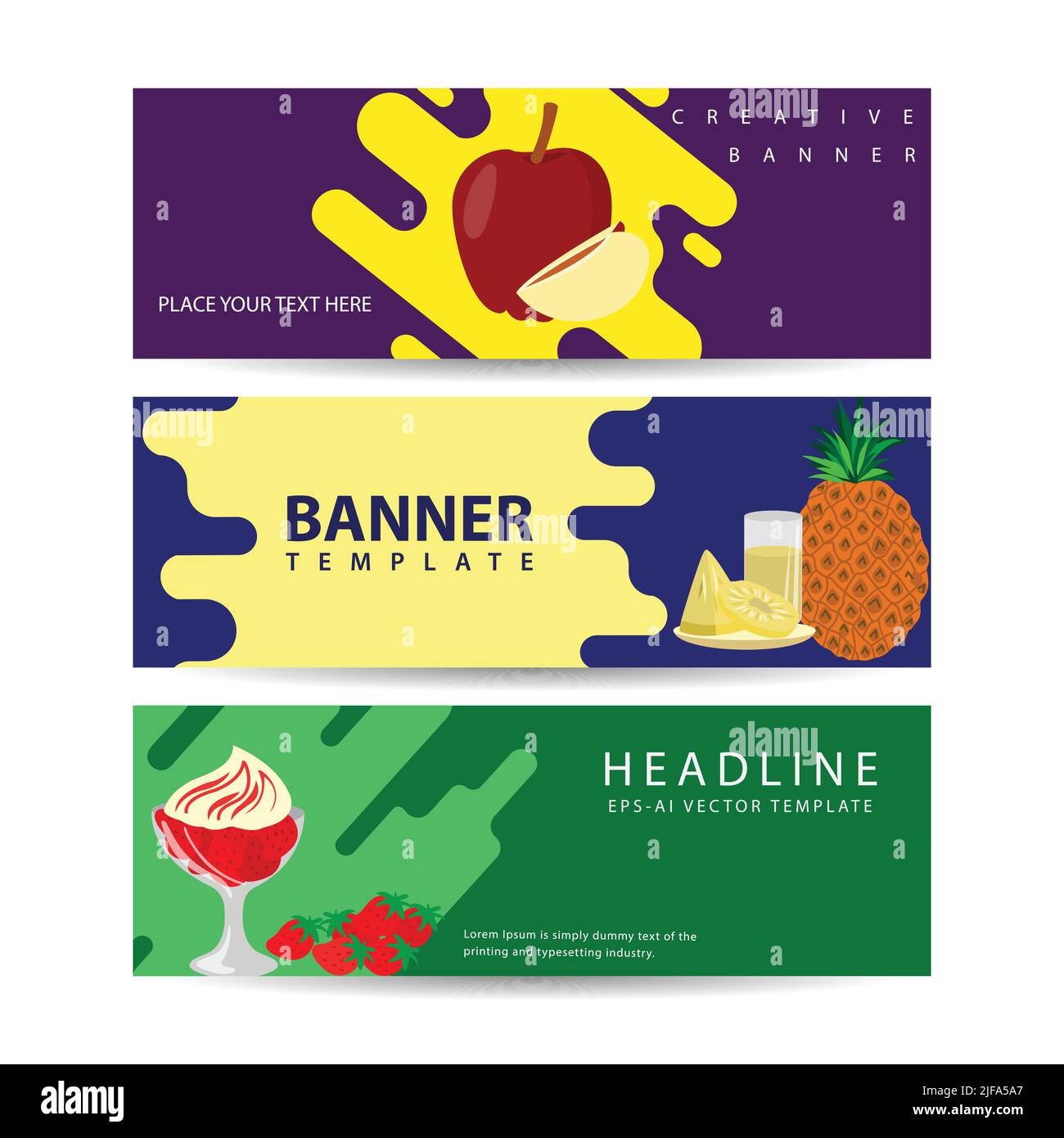 Set fruits horizontal banner with trendy style vector illustration ...