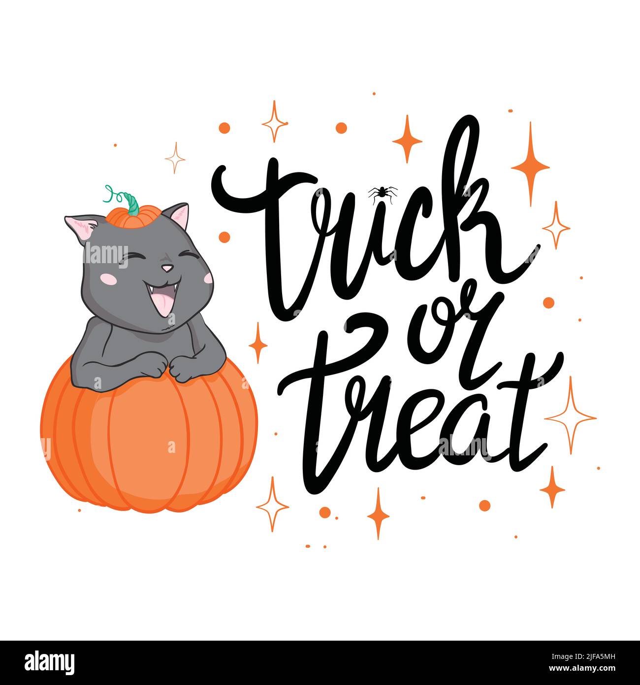 Happy Halloween greeting card with cute black cat and spooky pumpkin ...