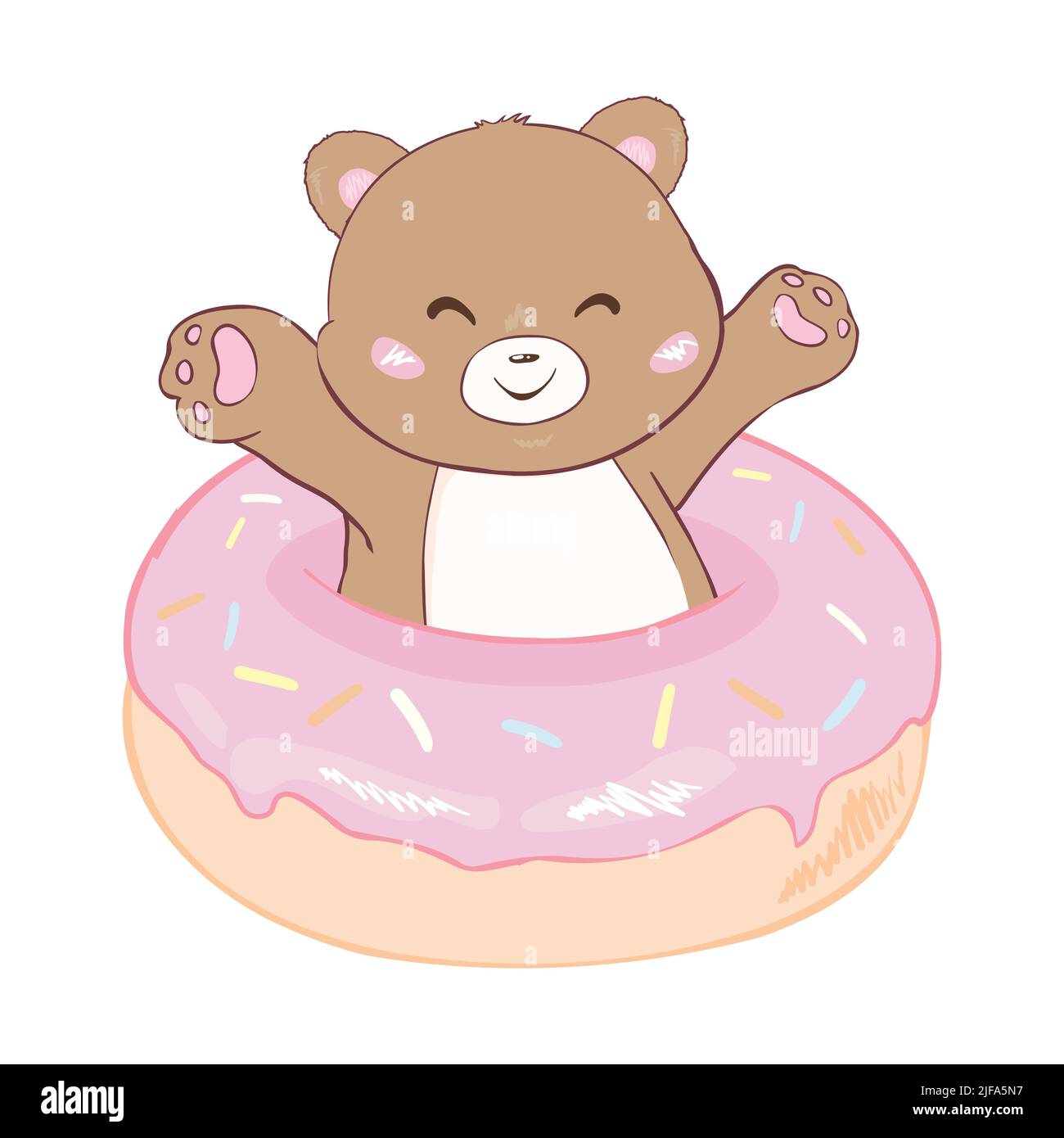 Cute Cartoon Teddy Bear with donut on a white background. Vector, illustration. Stock Vector