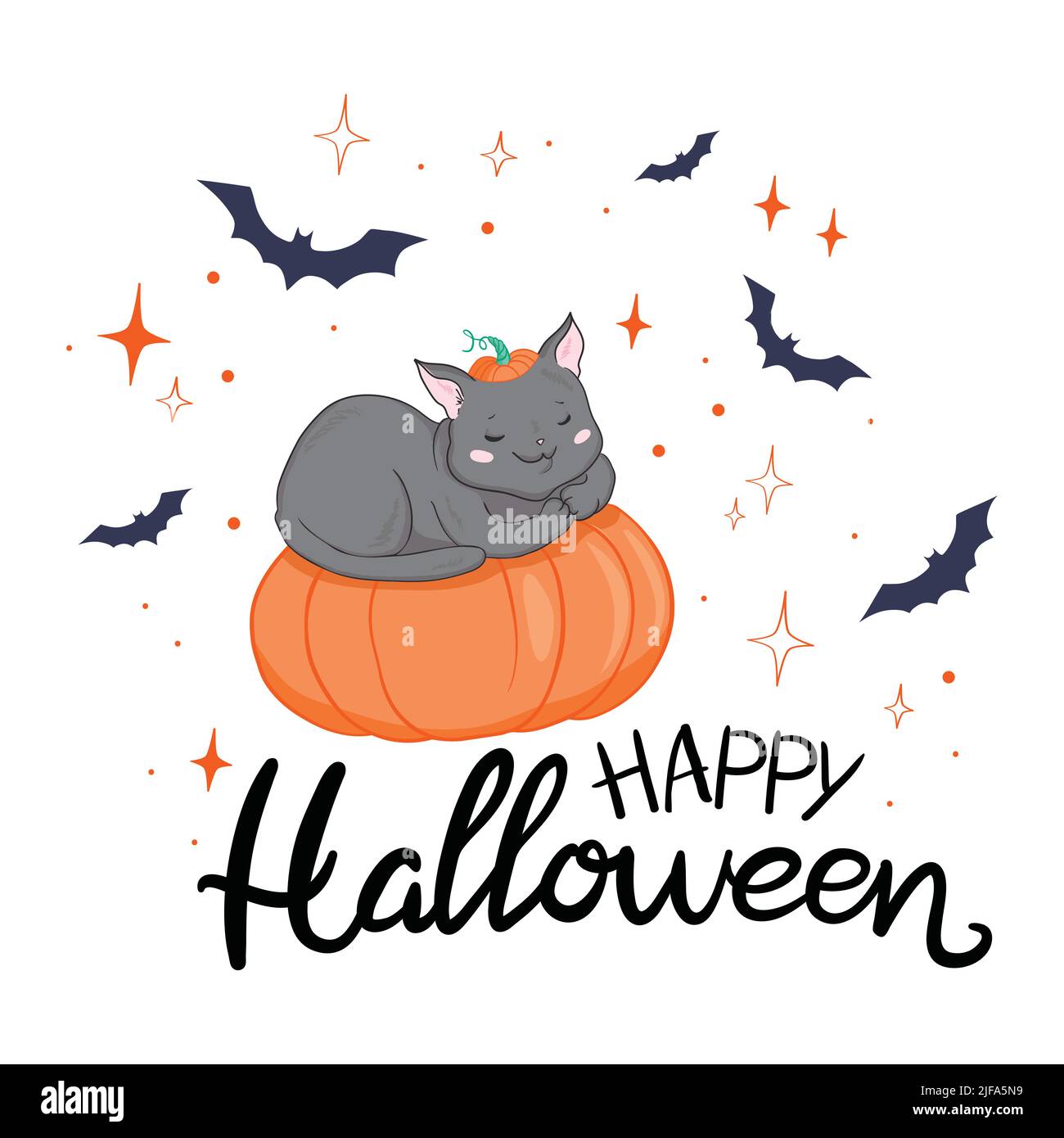 Happy Halloween greeting card with cute black cat and spooky pumpkin ...