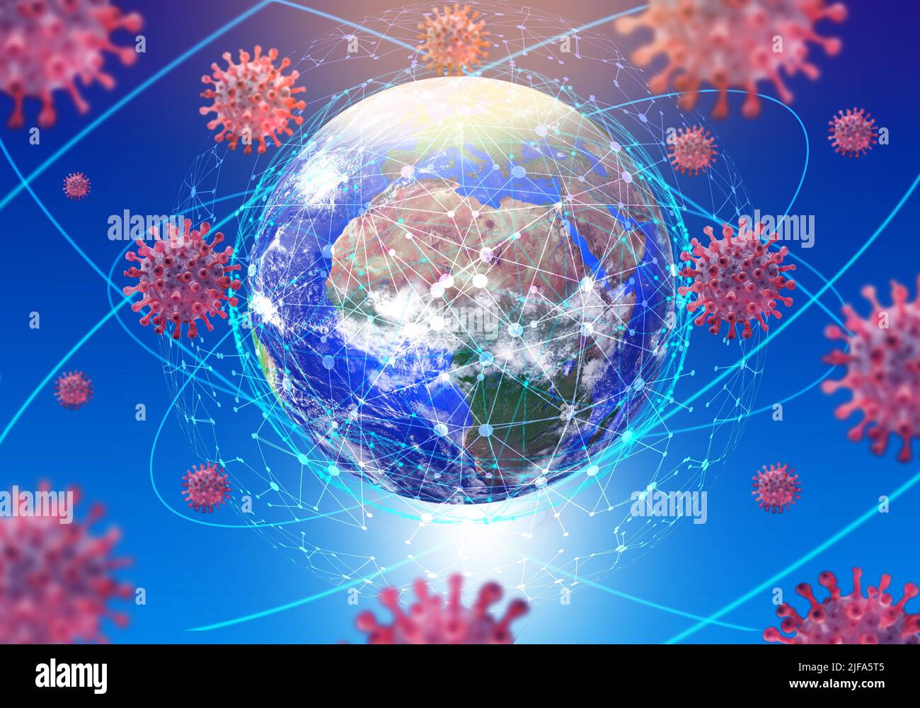 Monkeypox on a background of the planet Earth and its blurred hologram. Monkeypox, 3d virus background. Monkeypox virus global outbreak, monkeypox Stock Photo