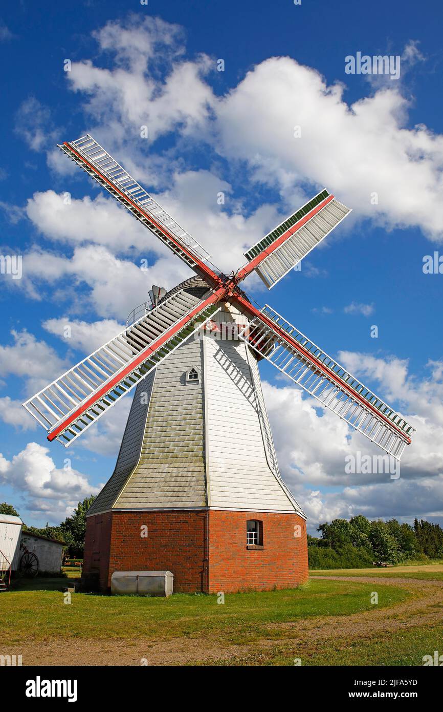 Historic windmill Eyendorf from 1897, type Erdhollaender, Lower Saxony Mill Road, Eyendorf, Lower Saxony, Germany Stock Photo