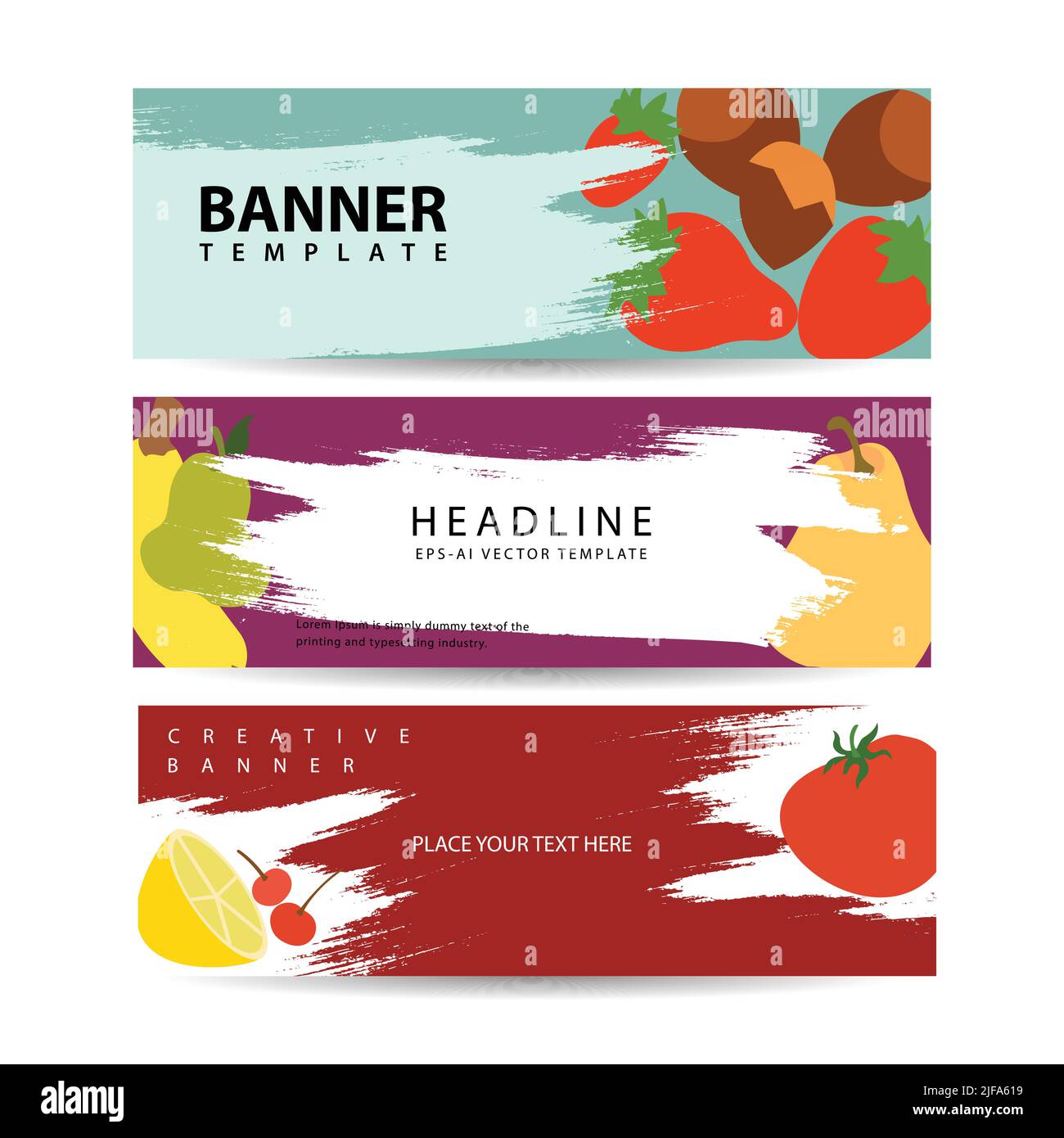 Set of three horizontal berries and fruits banners with colorful images ...