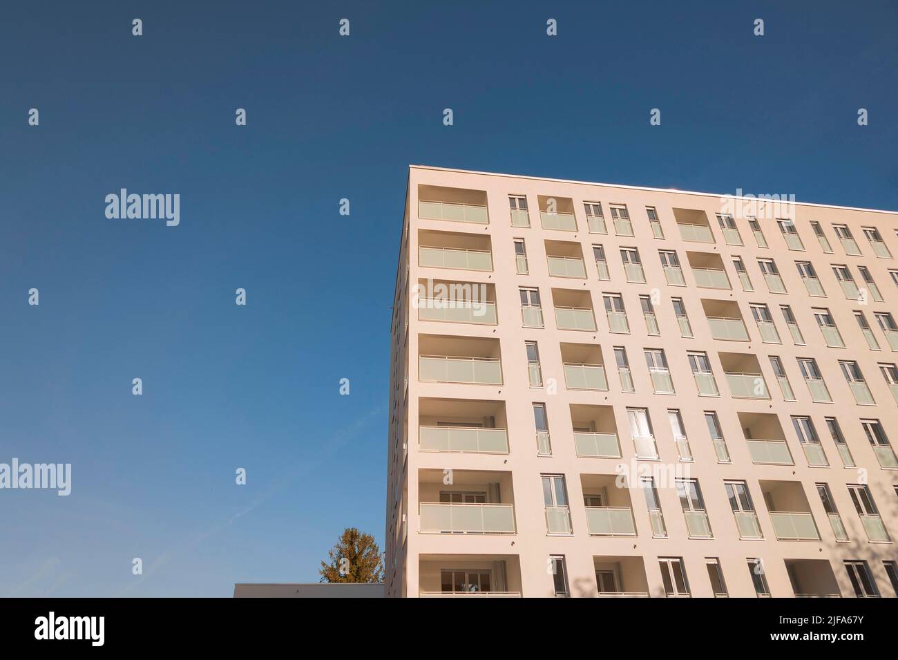 Modern apartment block, not yet occupied, light facade, balconies, Munich, Upper Bavaria, Bavaria Stock Photo