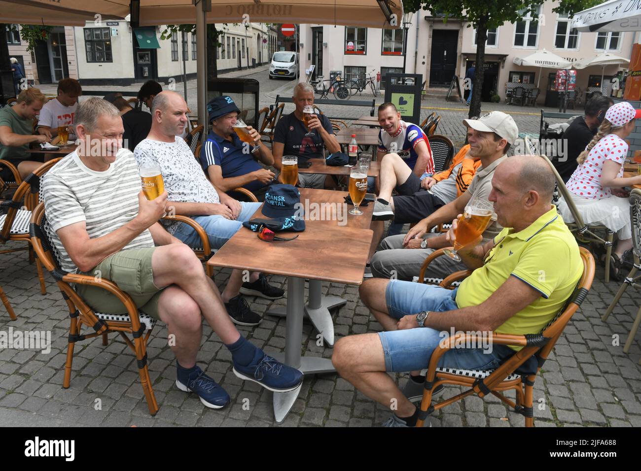 Copenhagen /Denmark/1st.July 2022/Tour de France fans  getheer at Hojbro plads for food and drinkw and stroget walk through danish capital fans gether at  kongen nytorv square  take place to see Tour de France  cyclking start in danish capital today on 1 jukly 2022..(Photo..Francis Dean/Dean Pictures. Stock Photo