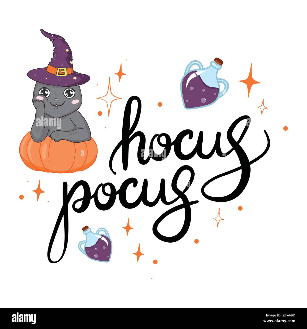 Happy Halloween greeting card with cute black cat and spooky pumpkin ...