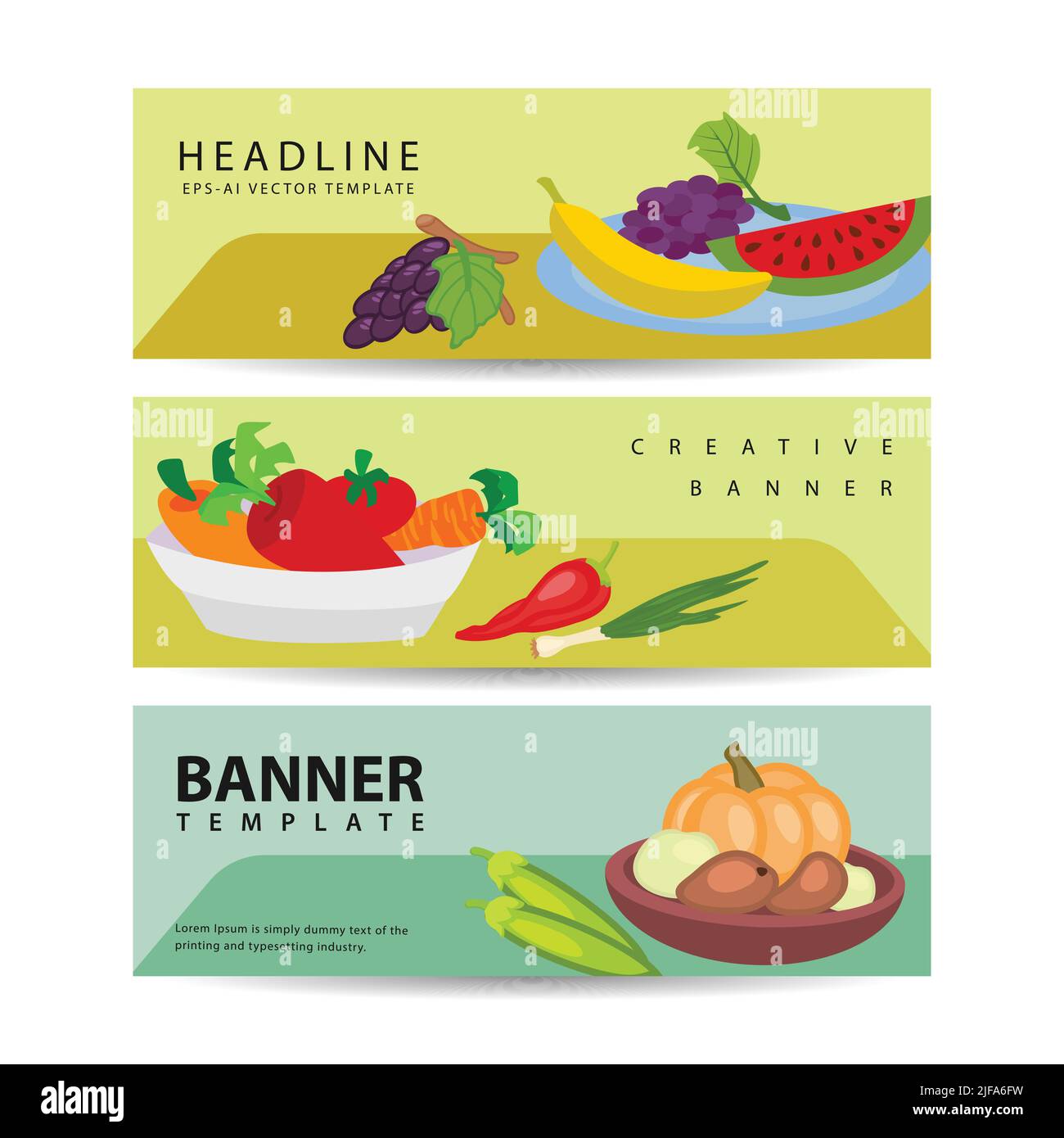Set of three horizontal berries and fruits banners with colorful images ...