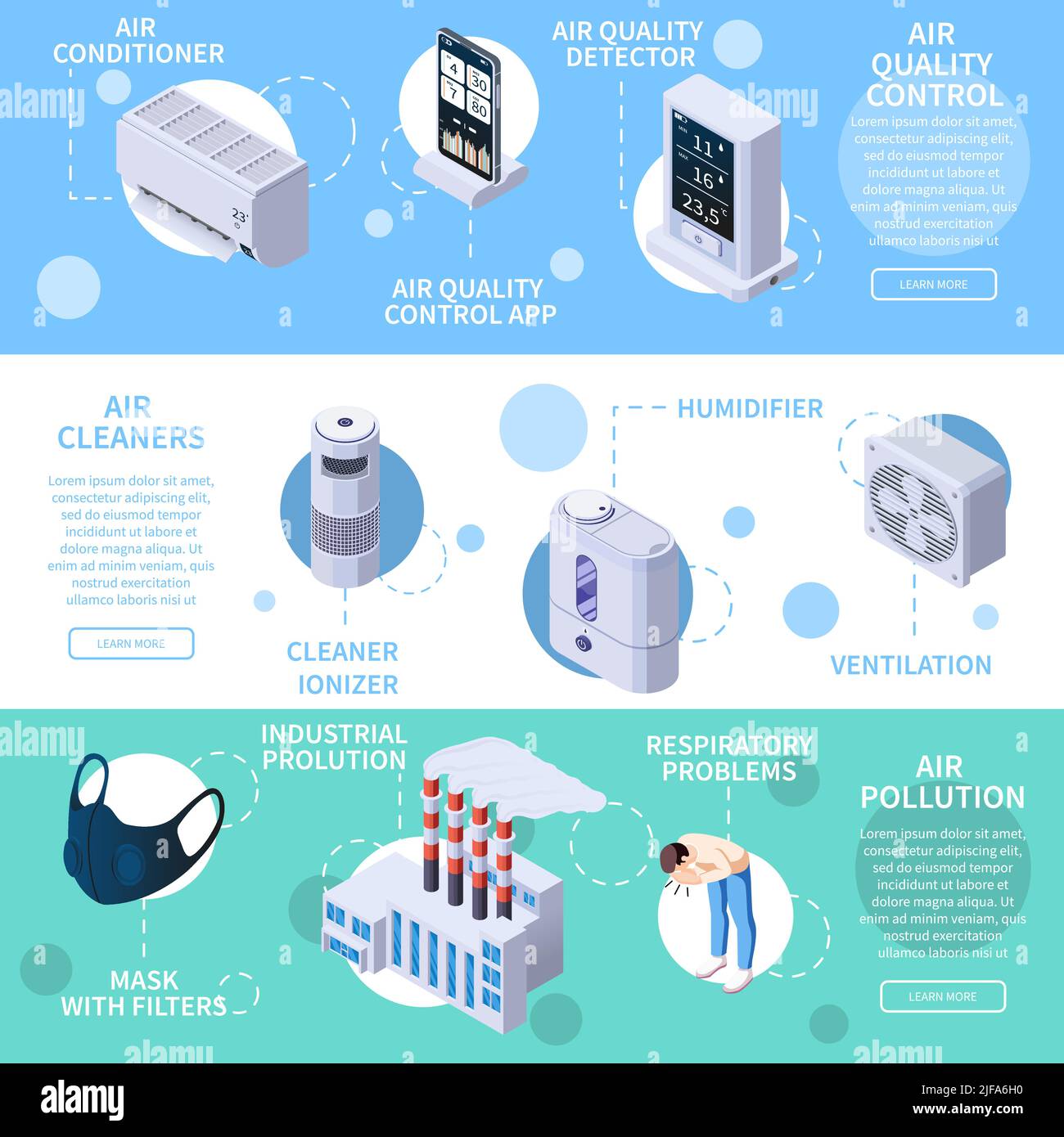 Set of three horizontal air purification quality control isometric