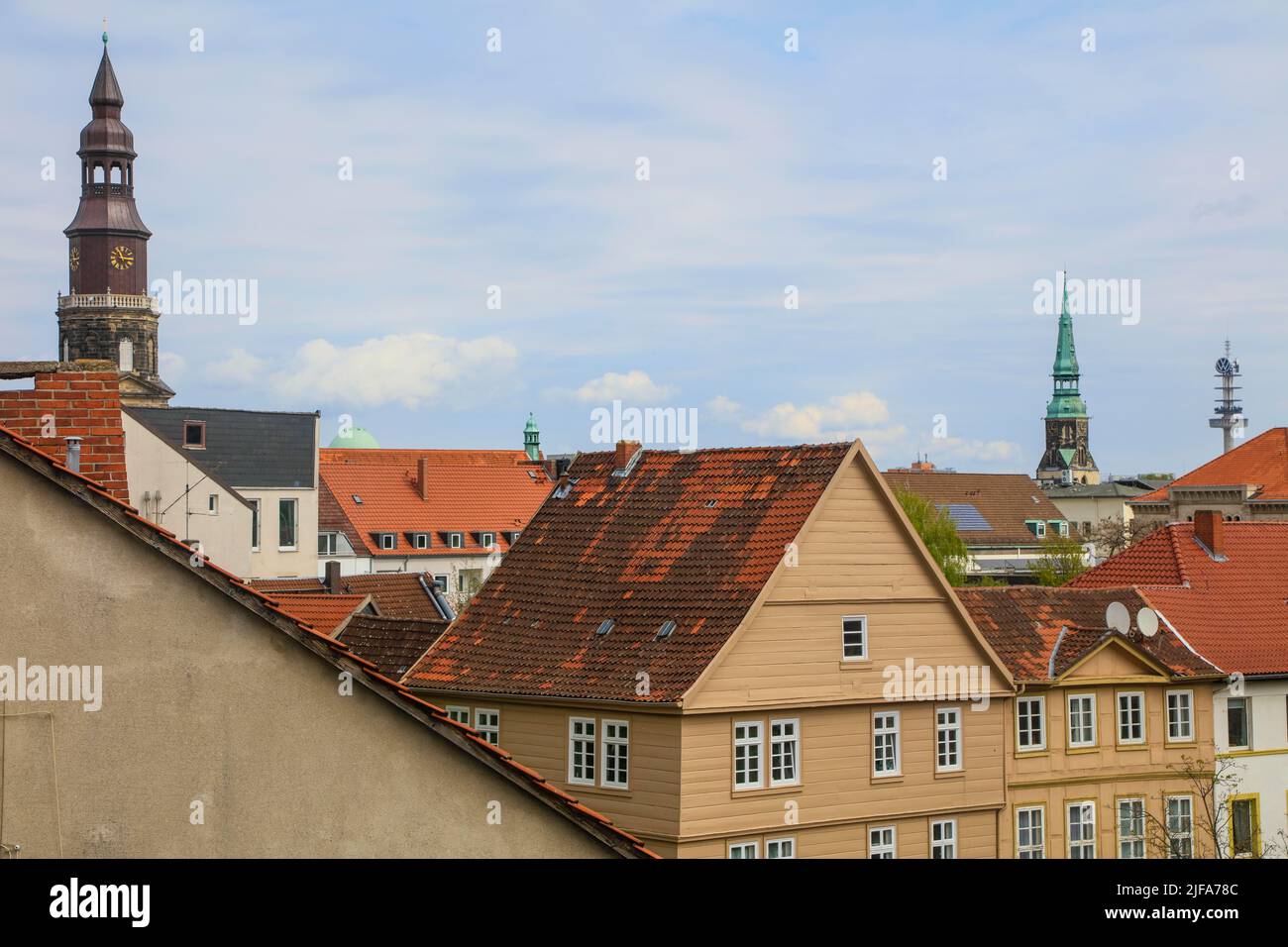 View over the roofs of the Calenberger Neustadt with towers of the churches St. Johannis and Kreuzkirche, state capital Hannover, Lower Saxony Stock Photo