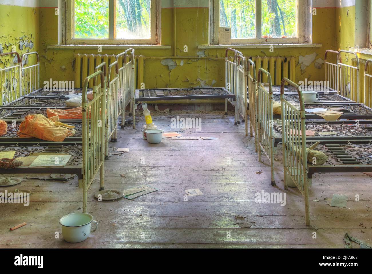 Dormitory with beds, Kopachi kindergarten, Chernobyl exclusion zone, Kiev oblast, Ukraine Stock Photo