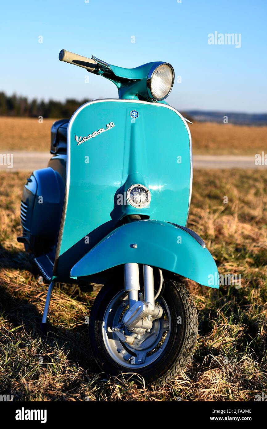 Vespa V 50, N, R, L, 50cc, moped, scooter, Vespa, Piaggio, moped, turquoise, green, vintage, dirt road, road, nature, landscape, Freising, Bavaria Stock Photo