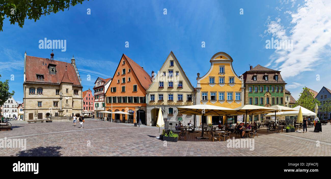 Left old town hall, built 1470, 1476, clock, Gothic, Schweppermannsbrunnen, built 1548 or 1549, town houses, shops, restaurants, outdoor seating Stock Photo