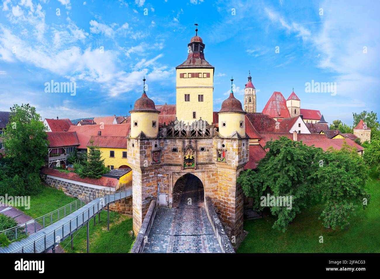 Aerial view, Ellinger Tor, town gate in warm early morning sun, built gate tower 14th century, outwork and flanking towers around 1510, top floor Stock Photo