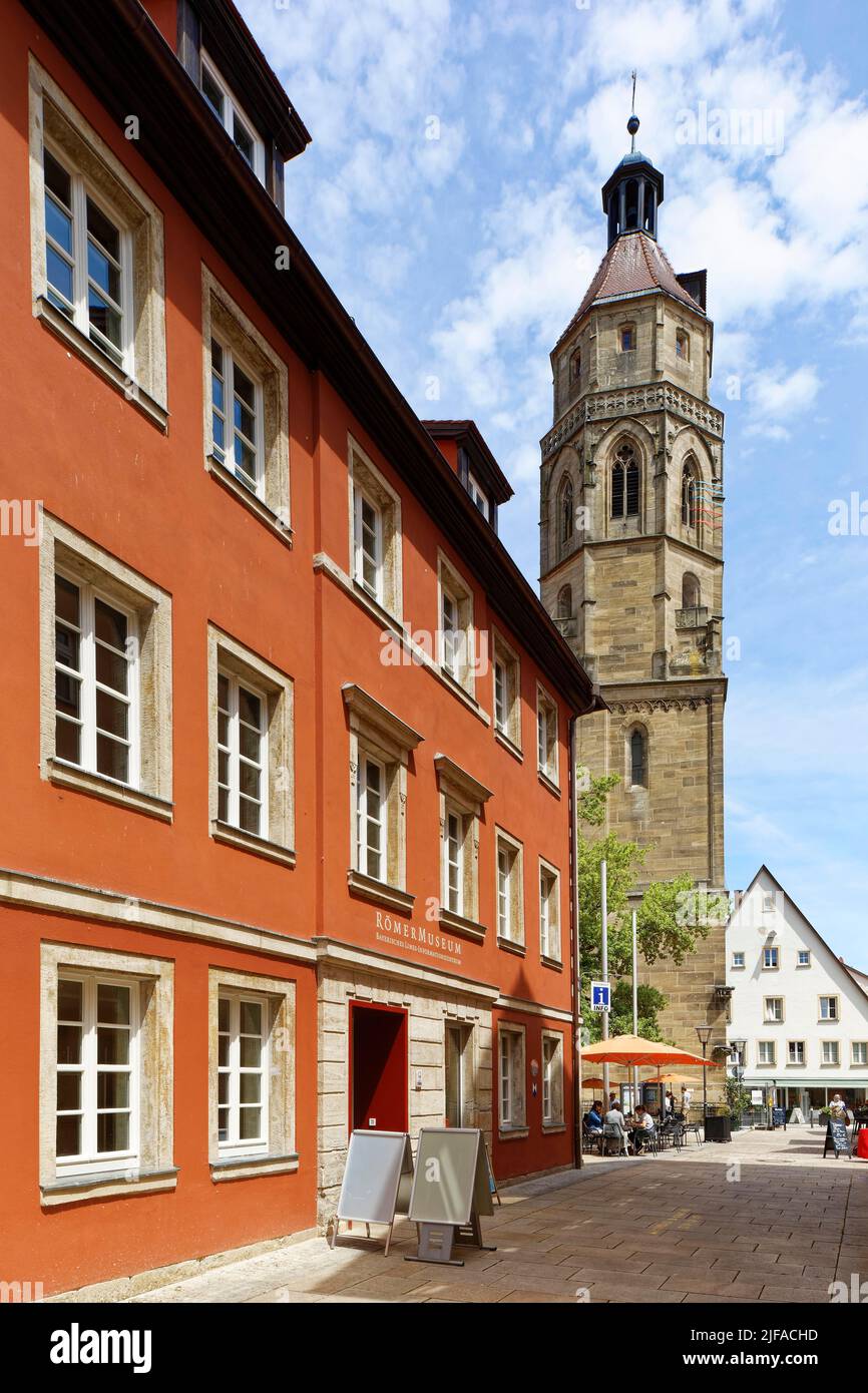 On the left the Roman Museum, on the right the bell tower of St. Andrew's Parish Church, neo-Gothic style, built 1327-1507, restaurant, outdoor Stock Photo