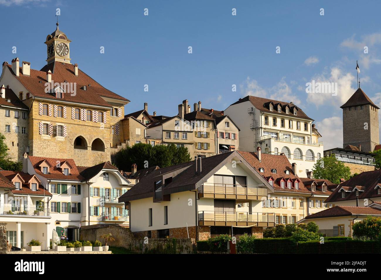 Town hall and residential buildings, Murten, Switzerland Stock Photo