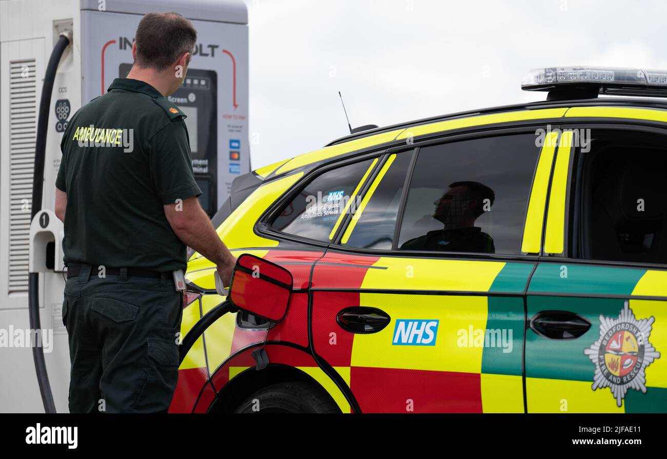 One of the new electric rapid response vehicles, the Skoda Enyaq iV 80x, which is being trialled by the East of England Ambulance Service NHS Trust across the region. Picture date: Friday July 1, 2022. Stock Photo