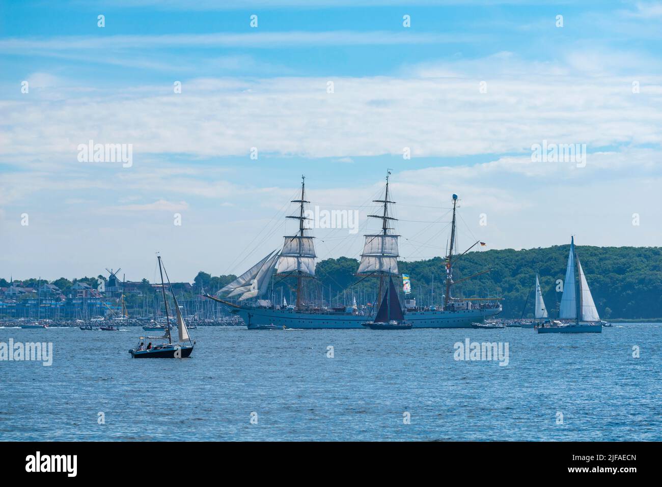 Windjammer Parade, sail training ship Gorch Fock in front of Laboe, tall ship, sunshine, blue sky, wing mill, Kieler Woche 2022, summer, Kiel Fjord Stock Photo