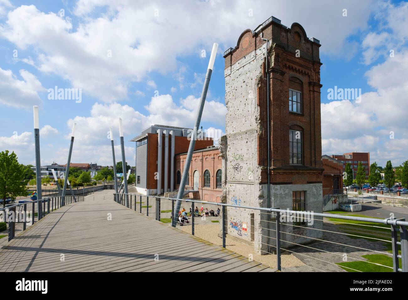 Laga grounds with footbridge, climbing tower and rockn'n' pop museum, Gronau, Muensterland, Westphalia, North Rhine-Westphalia, Germany Stock Photo