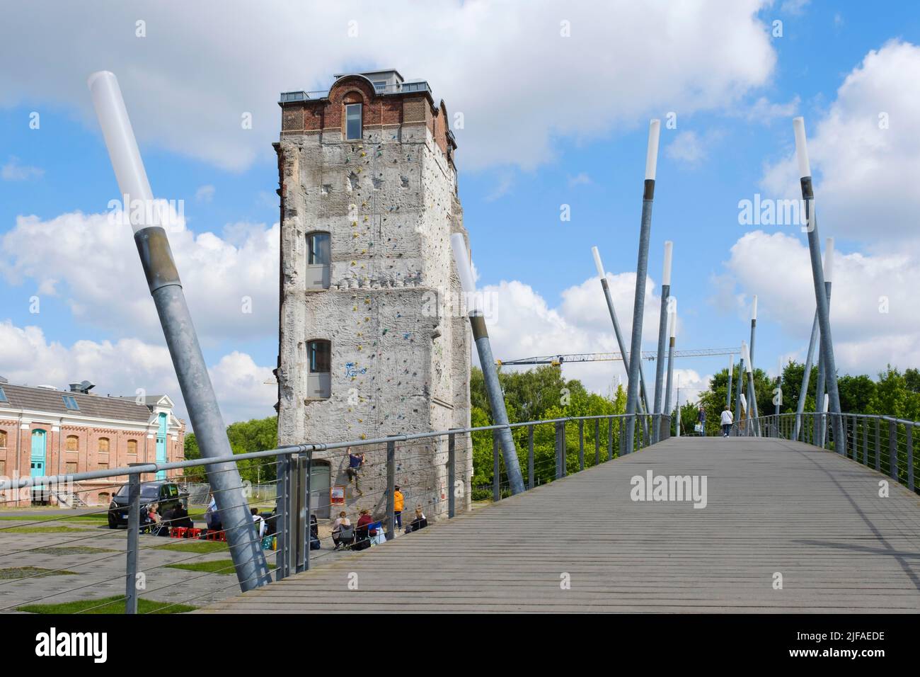 Footbridge and climbing tower, Laga grounds, Gronau, Muensterland, Westphalia, North Rhine-Westphalia, Germany Stock Photo