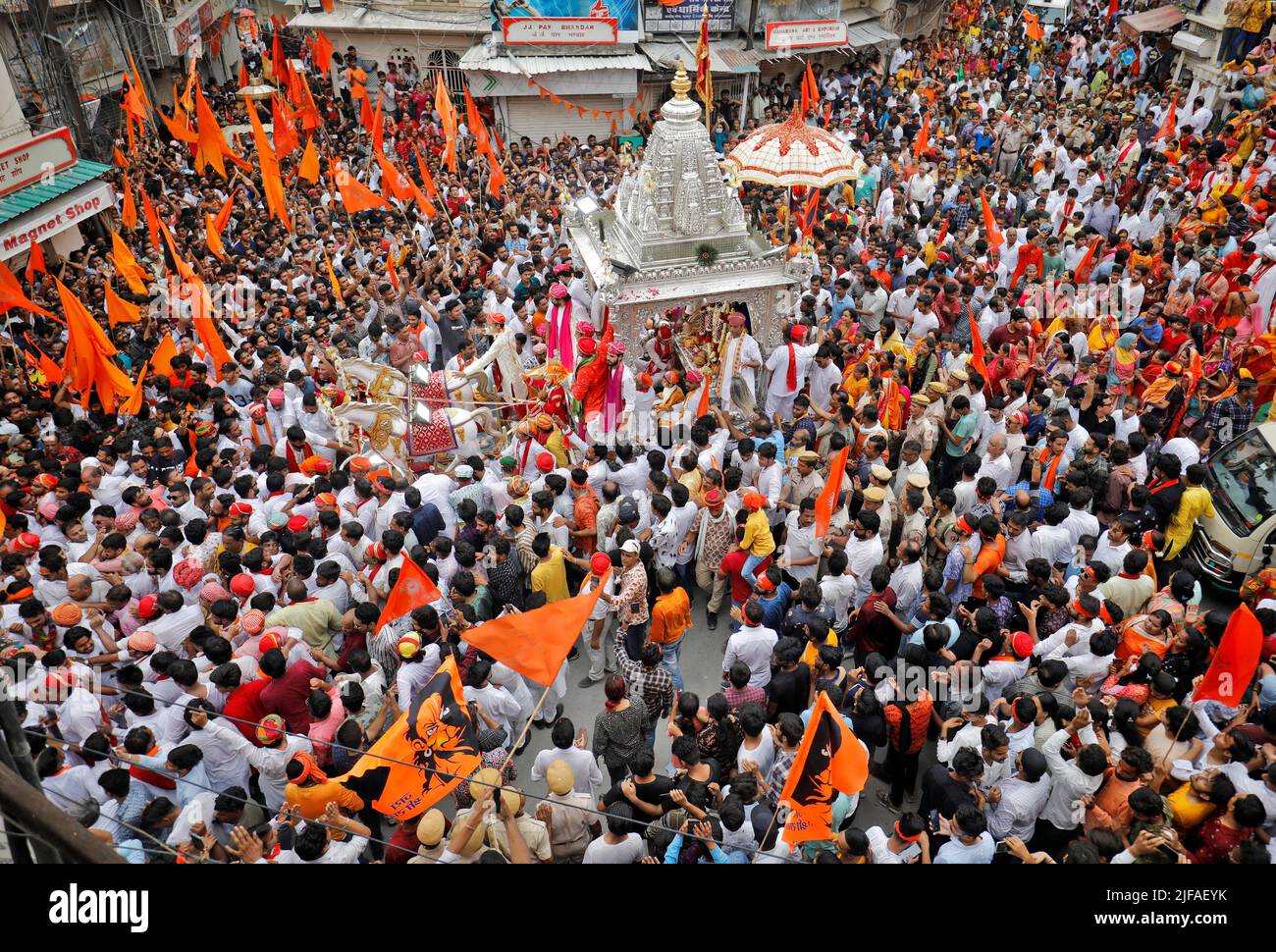 Hindu devotees pull the 'Rath', or the chariot of Lord Jagannath, during the annual Rath Yatra, or chariot procession, in Udaipur in the northwestern state of Rajasthan, India, July 1, 2022. REUTERS/Amit Dave Stock Photo