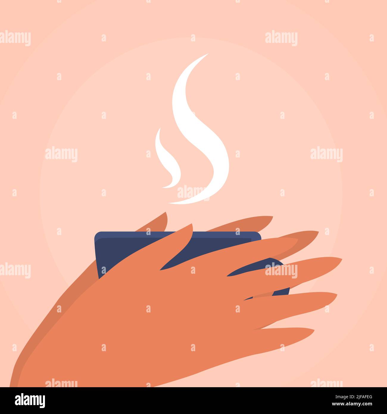 Cup of hot tea or coffee in hands. Warm aromatic drink. Lunch break