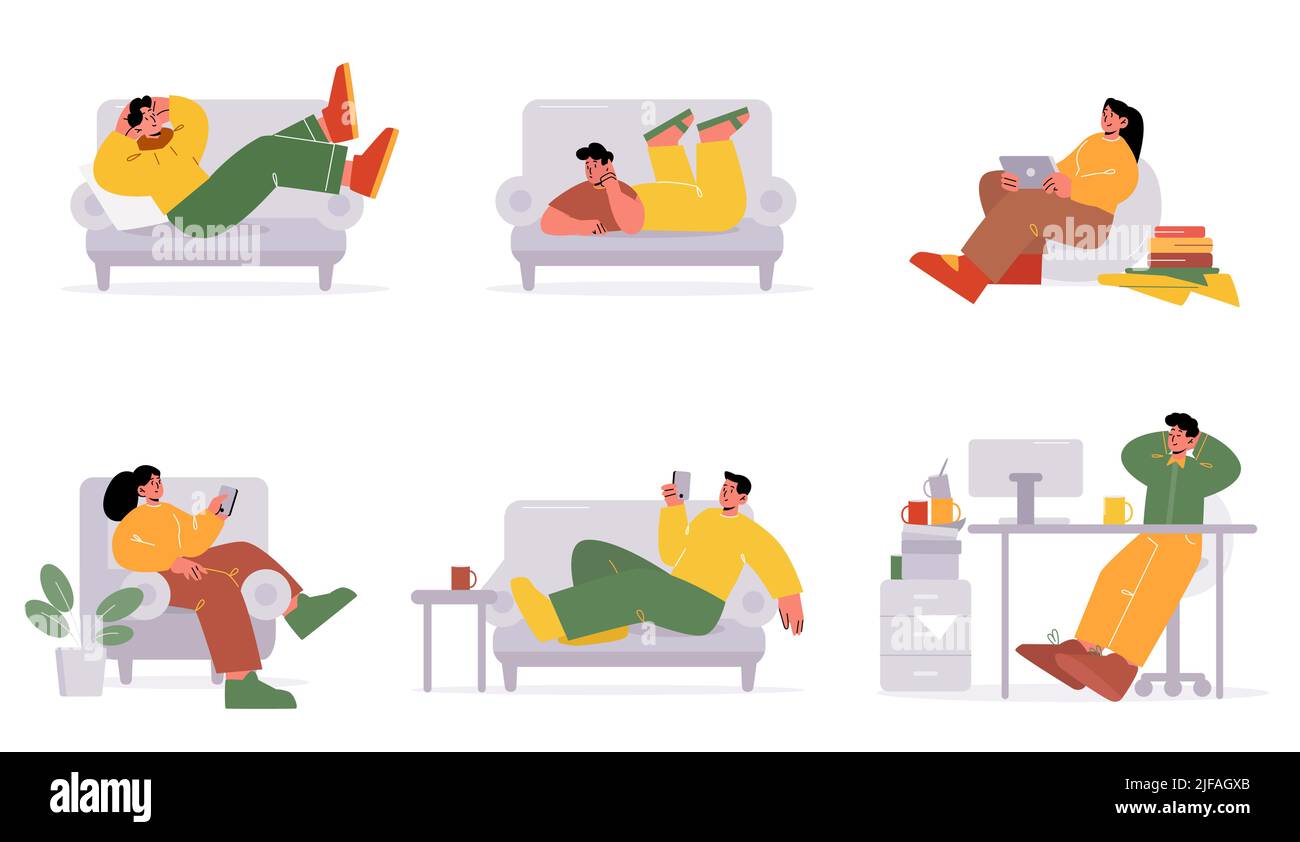 Lazy people relax on sofa at home. Man procrastinate and nap in office. Vector flat illustration of characters lying on couch with phone, rest, girl w Stock Vector