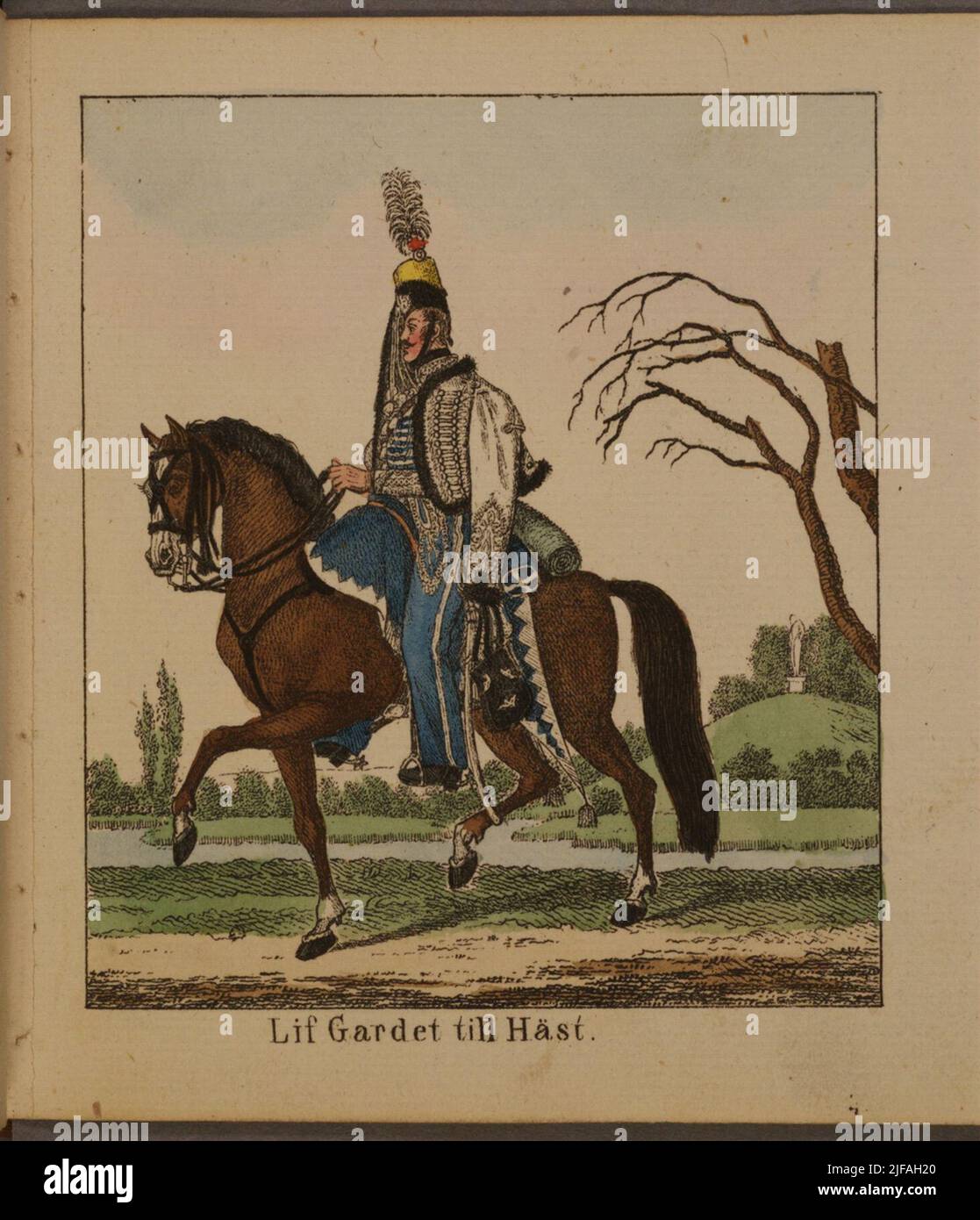 Miniature drawing with uniform for Jämtland's horse hunter. Color prints in the book Miniature drawings of several Swedish Militair uniforms, published by Carl Theodor Löwstädt in the 1820s. Belongs to the Army Museum's archive Stock Photo