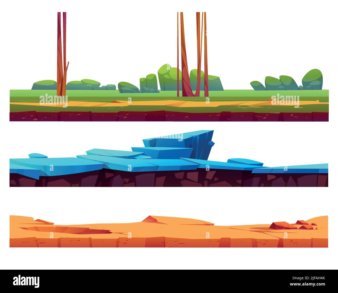 Seamless game ground textures of summer landscape, ice and desert