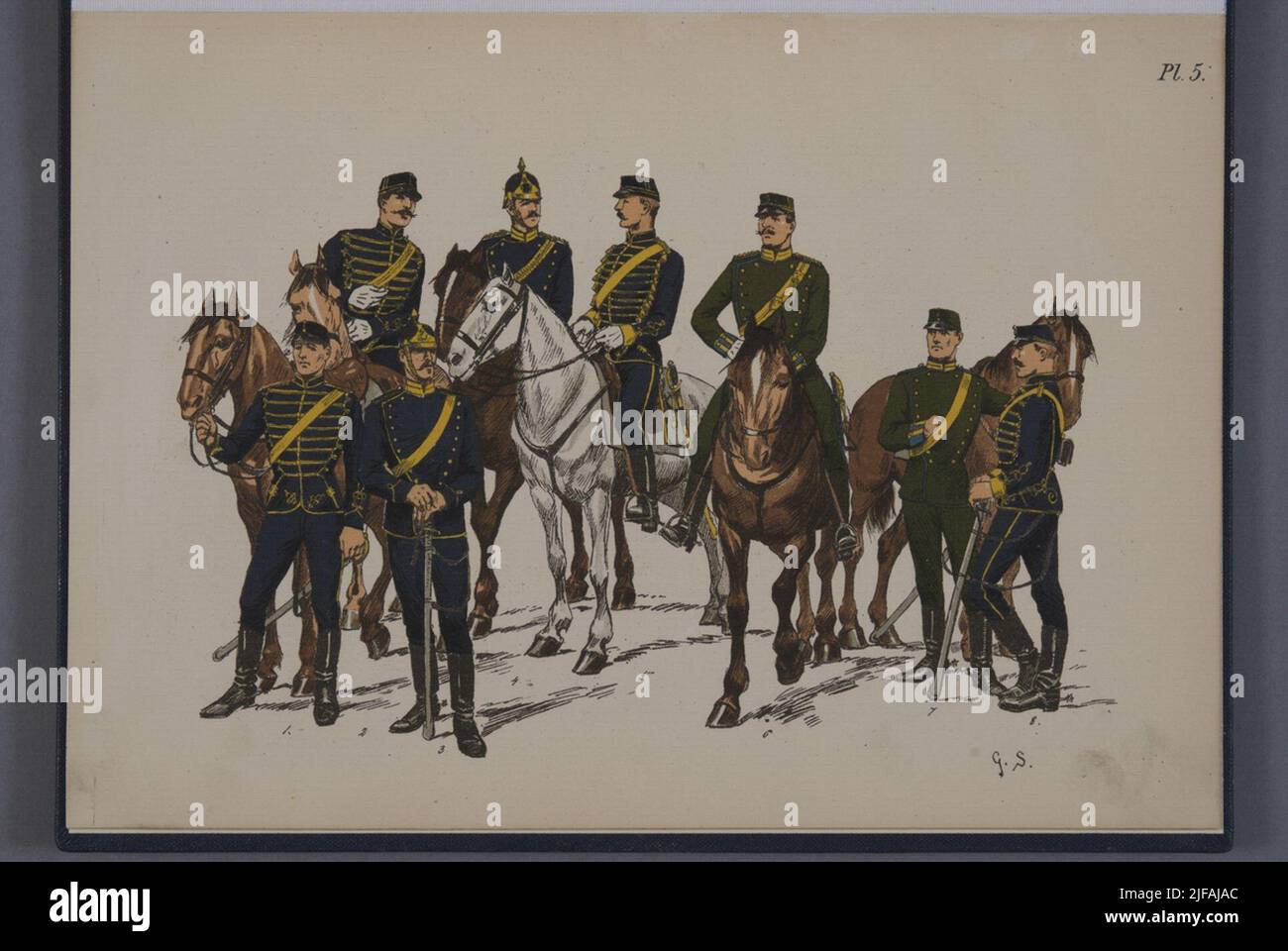 The poster with uniform for the Skånska Husar Regiment, the Skåne Dragon Regiment, the Crown Prince's house regiment and Jämtland's horse hunter corps. Included in the Swedish Army poster collection - 7 posters in color print, published by Otto Holmgren. Belongs to the Army Museum Stock Photo