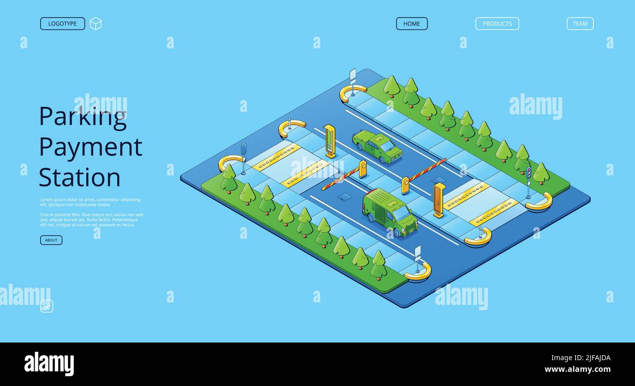 Parking payment station banner with isometric illustration of road with