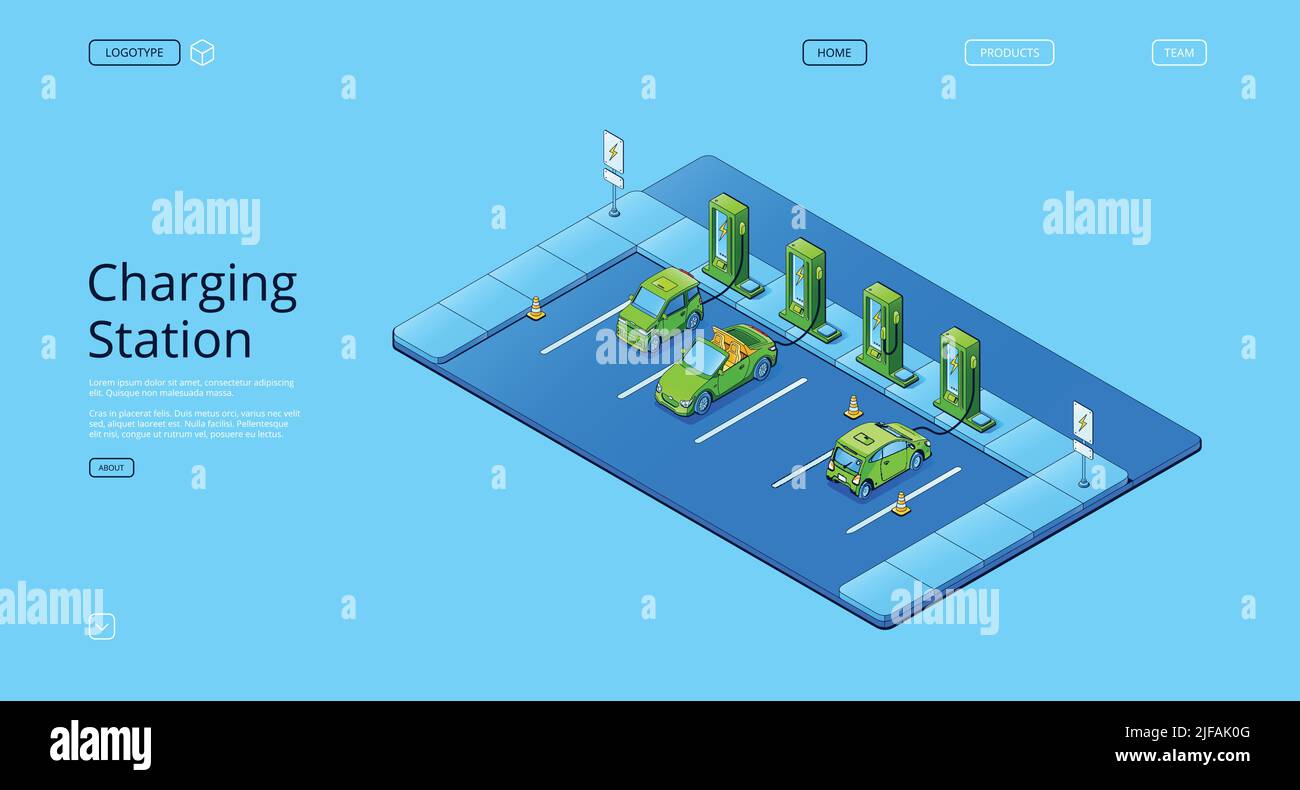Banner of charging station for electric cars. Vector landing page with isometric illustration of electro vehicles, auto with energy battery on parking Stock Vector