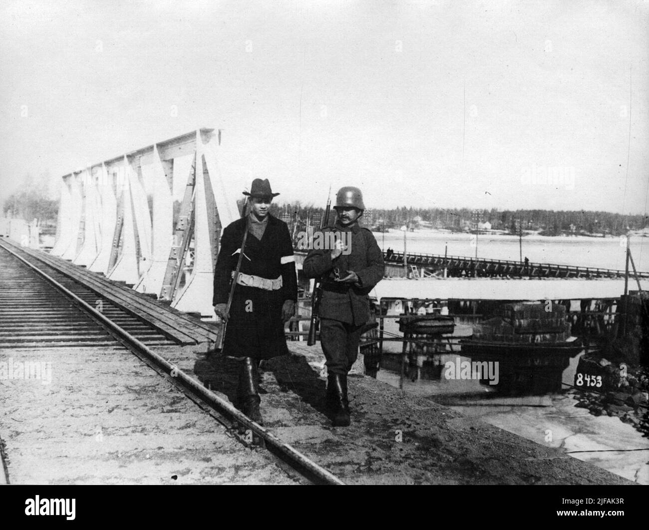 Finnish civil war: German-Finnish track guards at the railway beyond Hanko. Finnish civil war: German-Finnish track guards at the railway beyond Hanko. Stock Photo