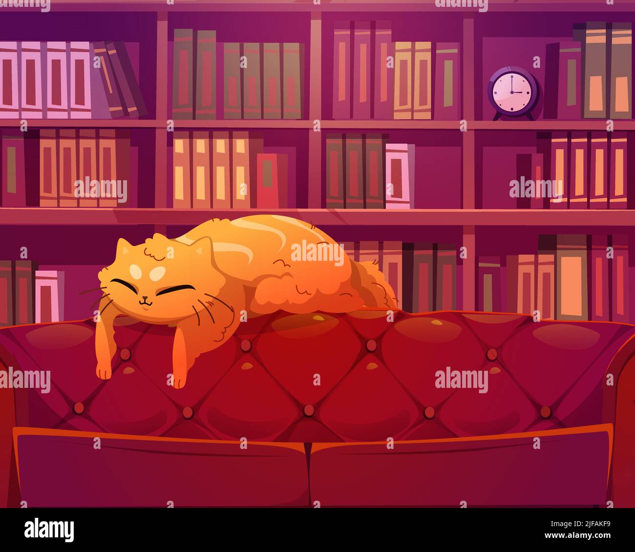 Funny cat sleeping on sofa in library interior. Cute lazy kitten sleep
