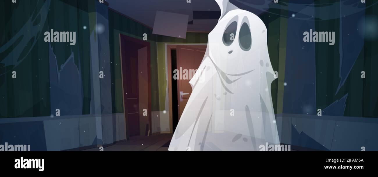 Old haunted house hallway at night. Ghost in abandoned home with mess
