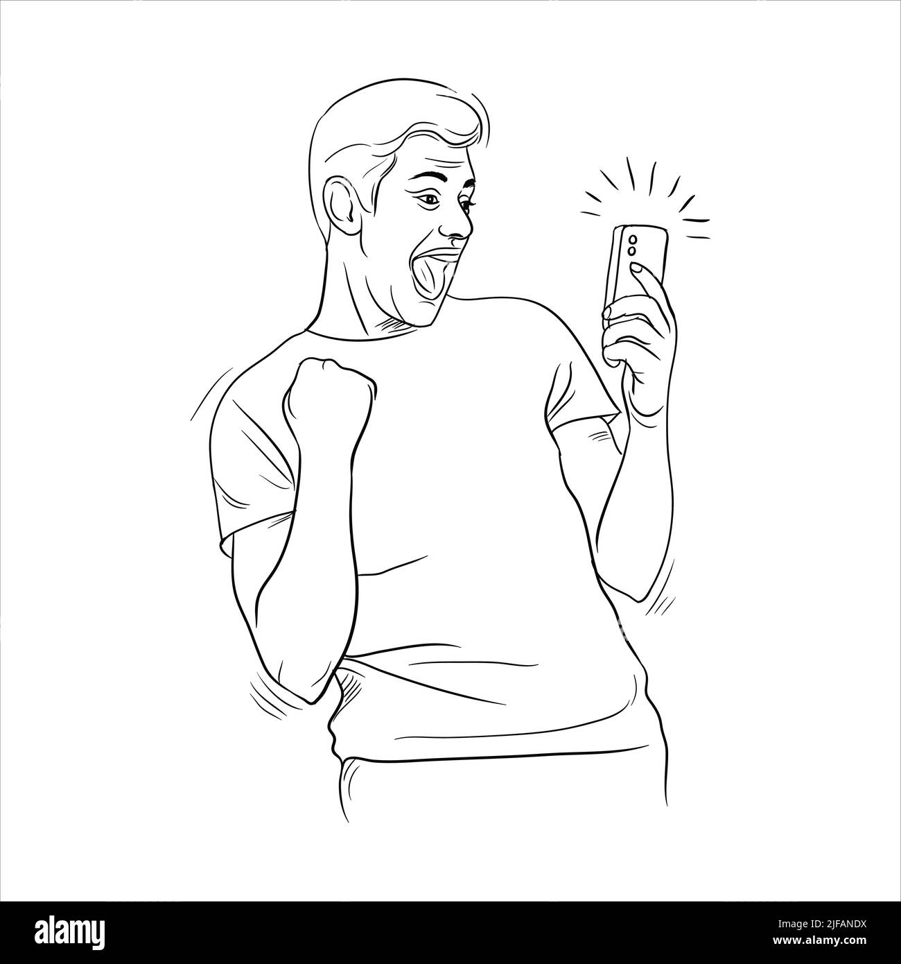 Excited Happy young man game winner with smartphone line art drawing vector illustration. Succesful gamer. Winning moment. Stock Vector