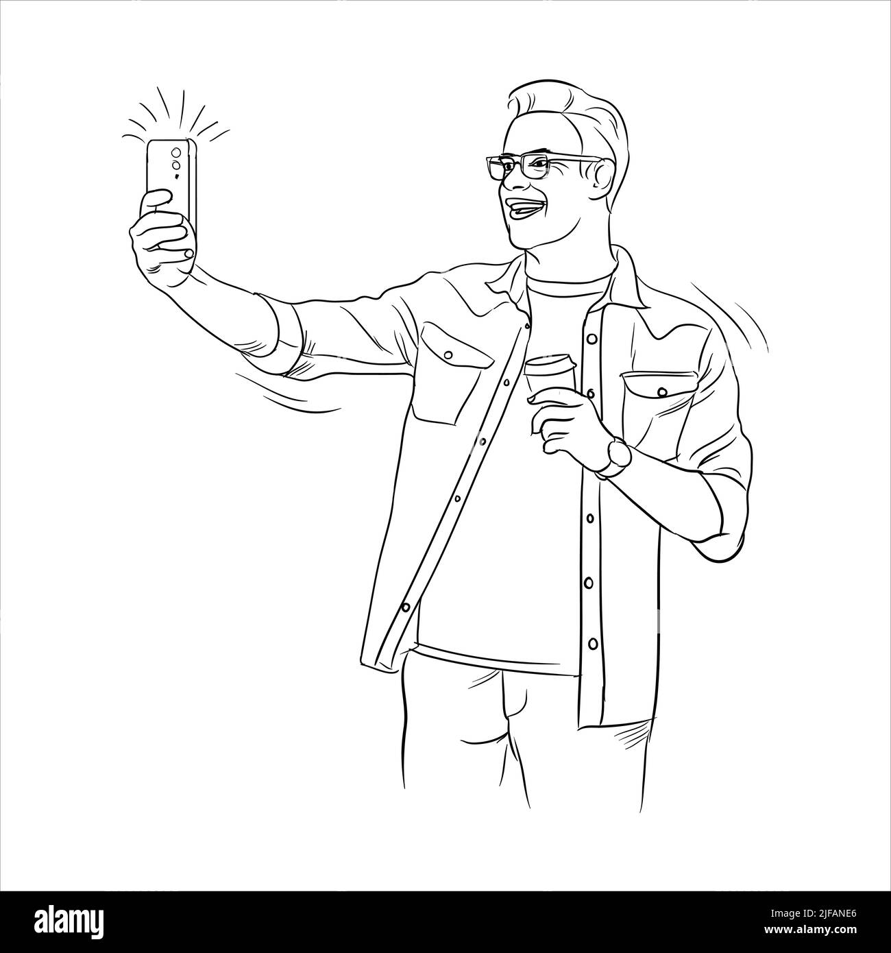 Excited Happy young man game winner with smartphone line art drawing vector illustration. Succesful gamer. Winning moment. Stock Vector