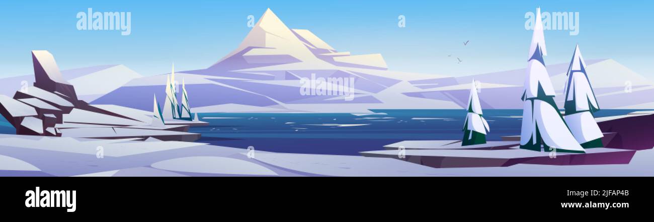 Nordic winter landscape with white mountains, snow and firs on sea ...