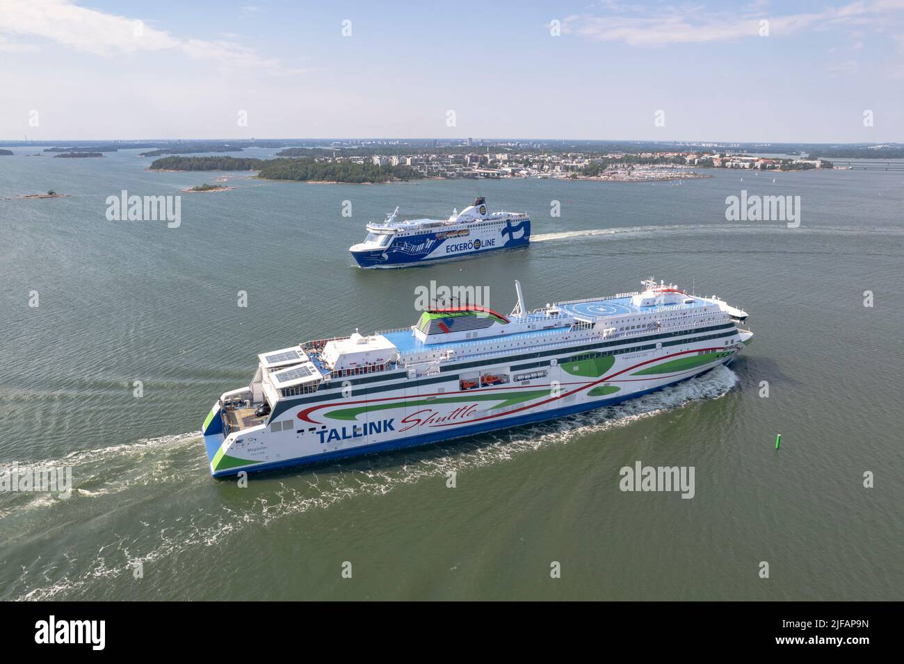 Tallink and Eckerö Line ferries meet on their way to and from Tallinn, Estonia Stock Photo