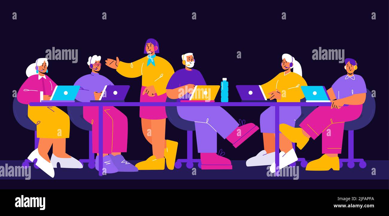 People work in call center, support service together. Vector flat