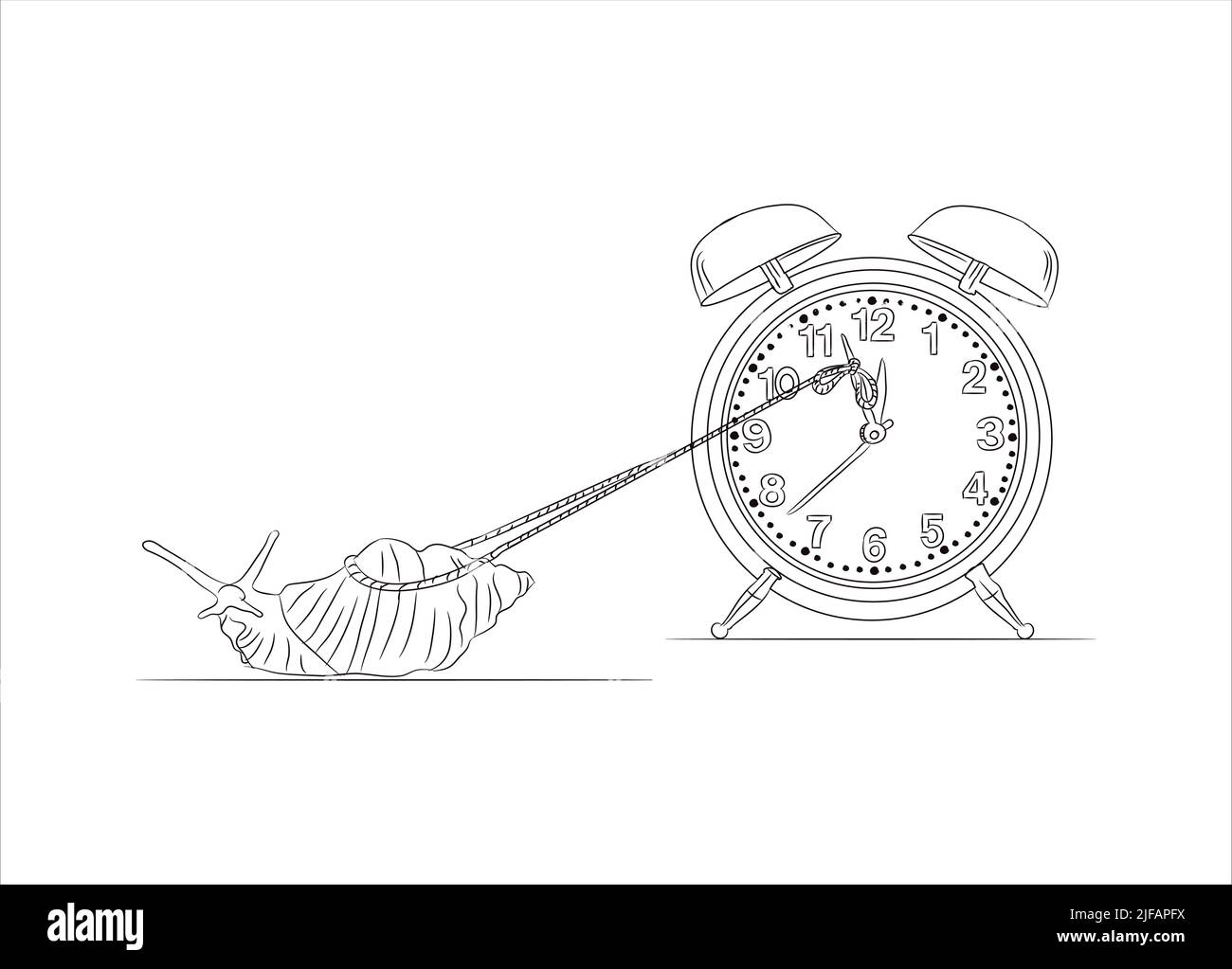 Stop Time concept. Stoping the time in vector illustration. Trying to stop a time. Clock stop by snail. snail pulling rope for stop clock. work Deadli Stock Vector