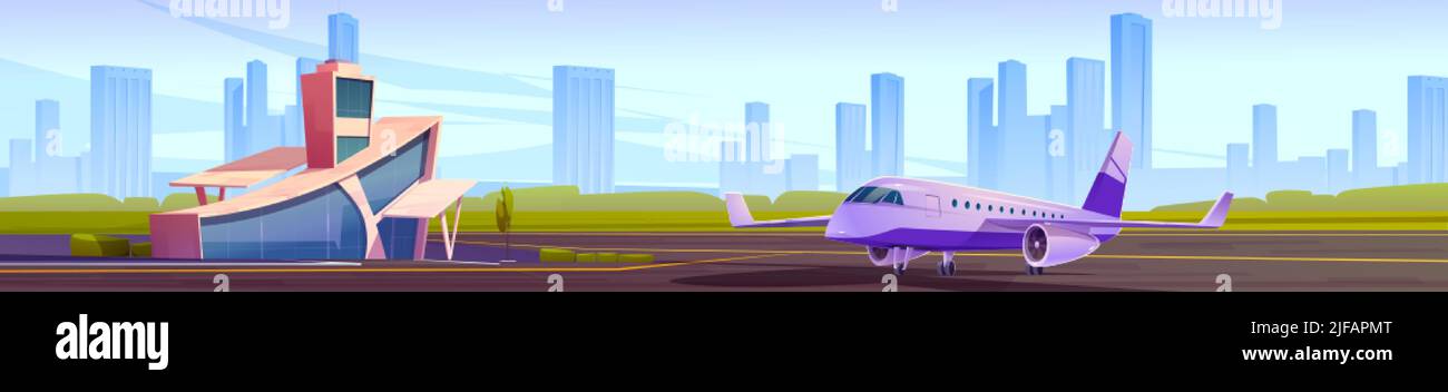 Small airport terminal and private jet on landing field. Vector cartoon panoramic illustration of summer landscape with modern airport building and lu Stock Vector