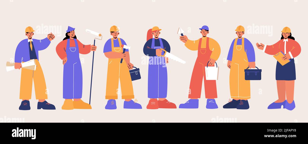 Builders, engineers and workers in helmets with construction tools ...