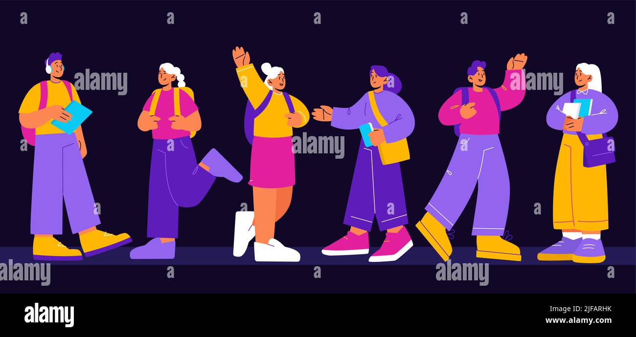 Group of students with backpacks and books on black background. Vector ...