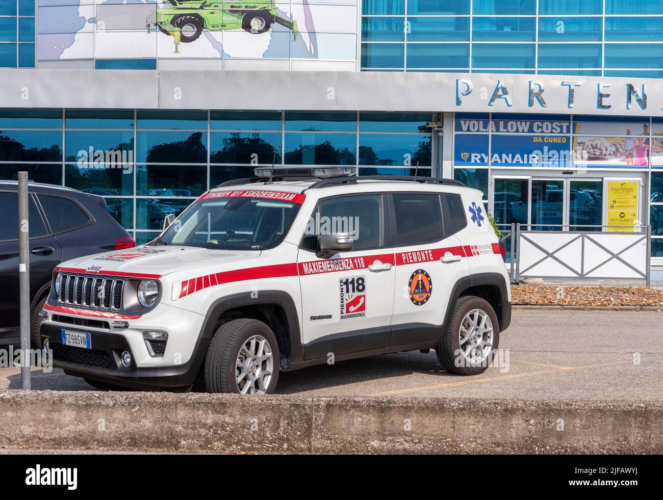 Cuneo, Italy, - June 27, 2022: jeep renegade vehicle of the regional rescue parked in front Cuneo airport, headquarters of the Maxiemergenza 118 (maxi Stock Photo