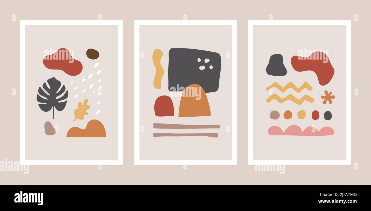 A collection of three abstract backgrounds. Hand drawing various shapes and doodle objects. Trendy modern contemporary vector illustration Stock Vector