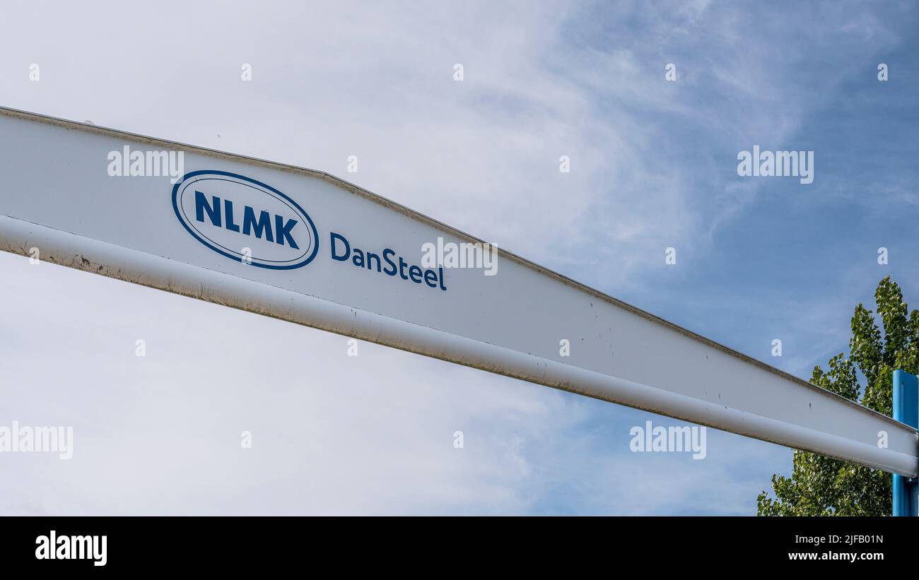 Sign of the steelworks DanSteel owned by the russian oligarch Vladimir Lisin, Frederiksværk, Denmark, June 28, 2022 Stock Photo
