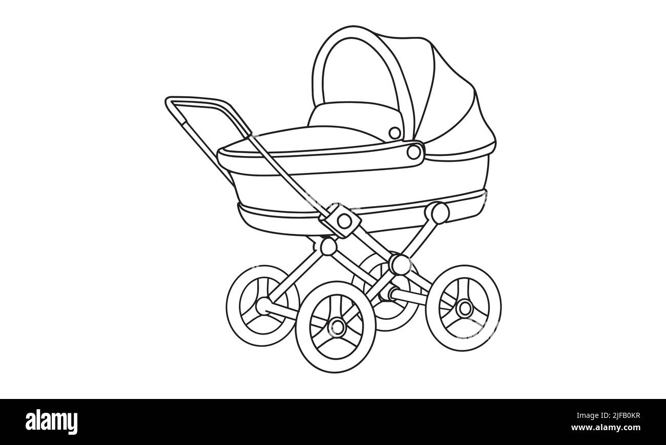 A vintage baby carrier trolly line art Sketch drawing for any kind of T-shirt use or coloring book. This is an old-style. A very classic look for kids Stock Vector
