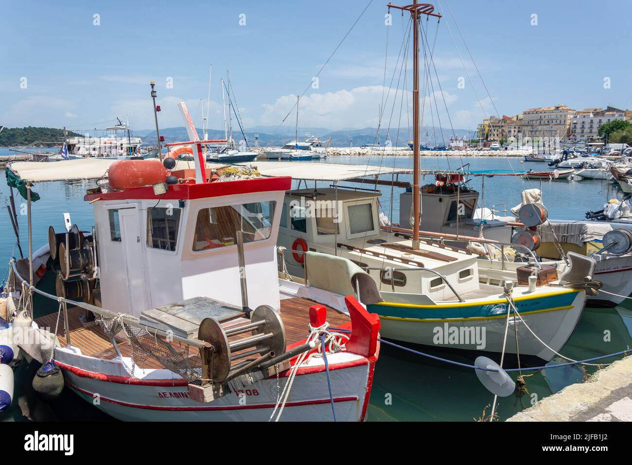 Traditional fishing boats in harbour, Corfu Old Town, Corfu (Kerkyra), Ionian Islands, Greece Stock Photo