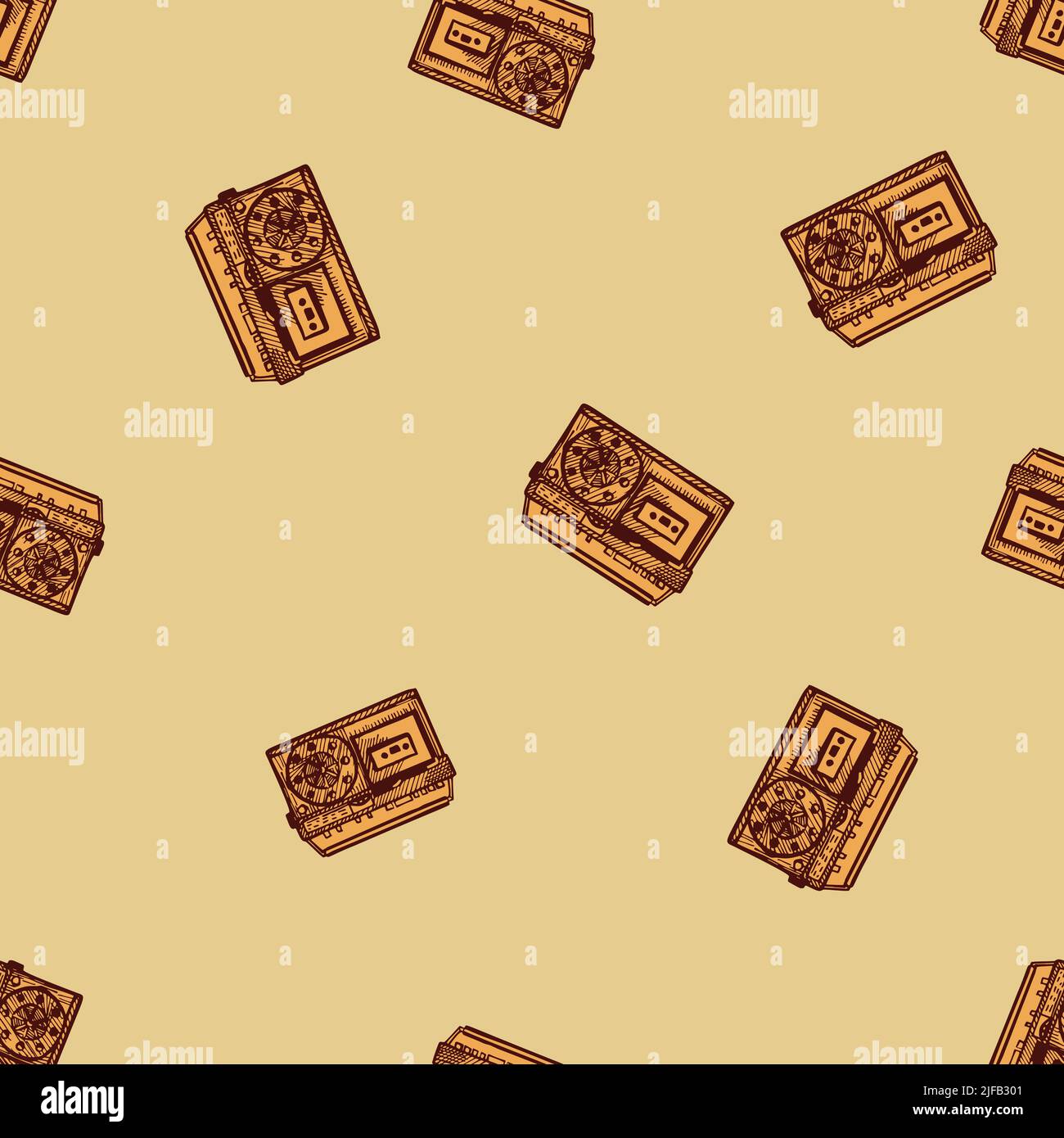 Retro radio engraved seamless pattern. Vintage media equipment in hand