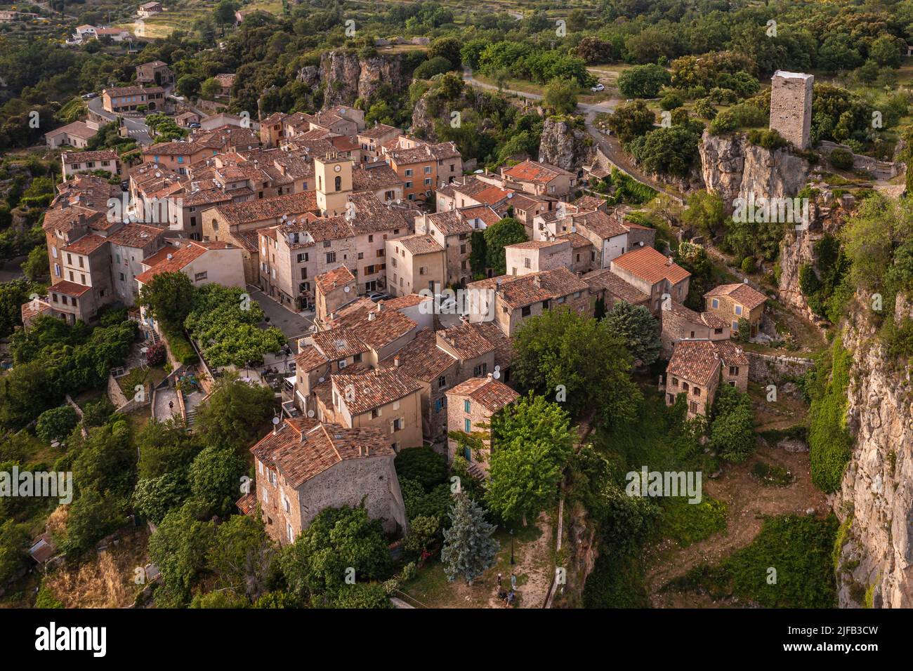 France, Var, the Dracenie, village of Chateaudouble overlooking the gorges on the Nartuby river (aerial view) Stock Photo